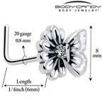 20G 1/4 Clear CZ Gem Butterfly Blossom White L Shape Nose Ring