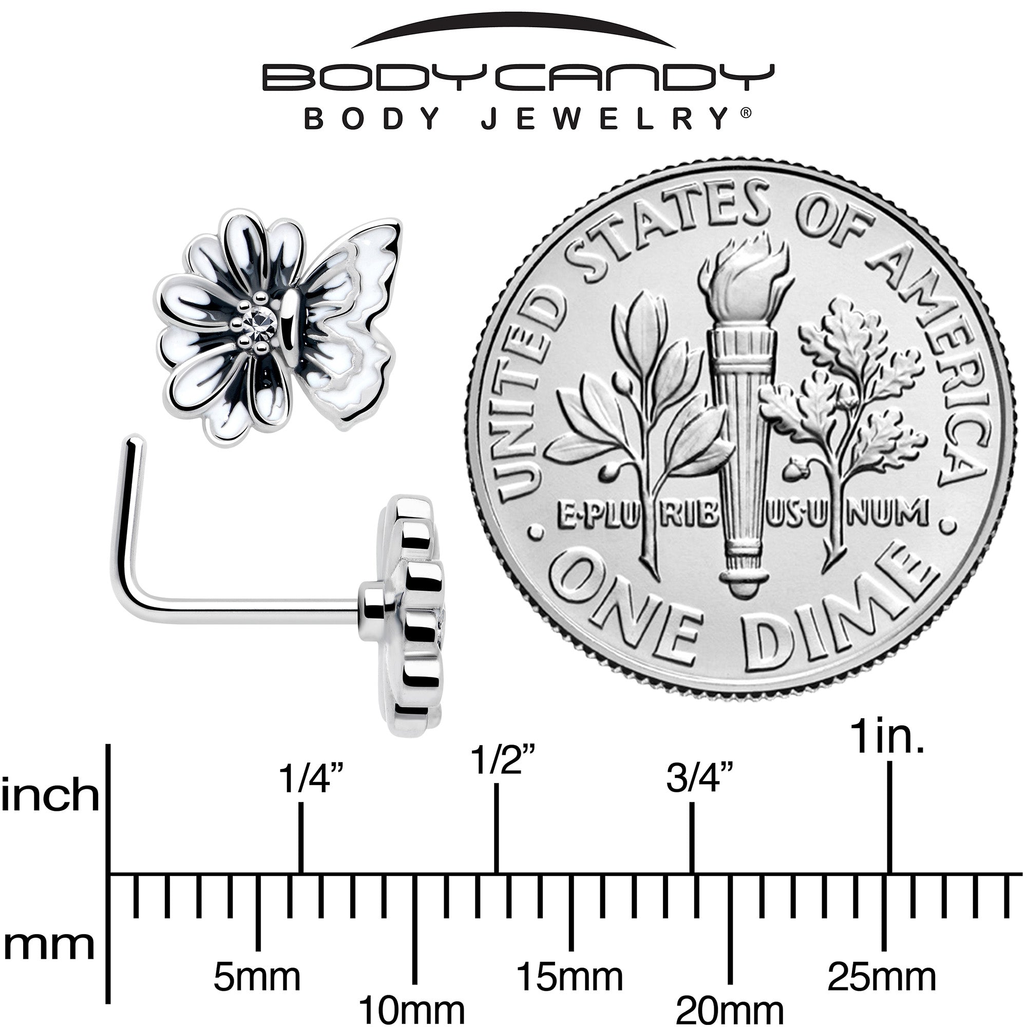20G 1/4 Clear CZ Gem Butterfly Blossom White L Shape Nose Ring
