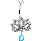 Clear Blue CZ Gem Fashion Flower Lotus Flower Dangle Belly Ring