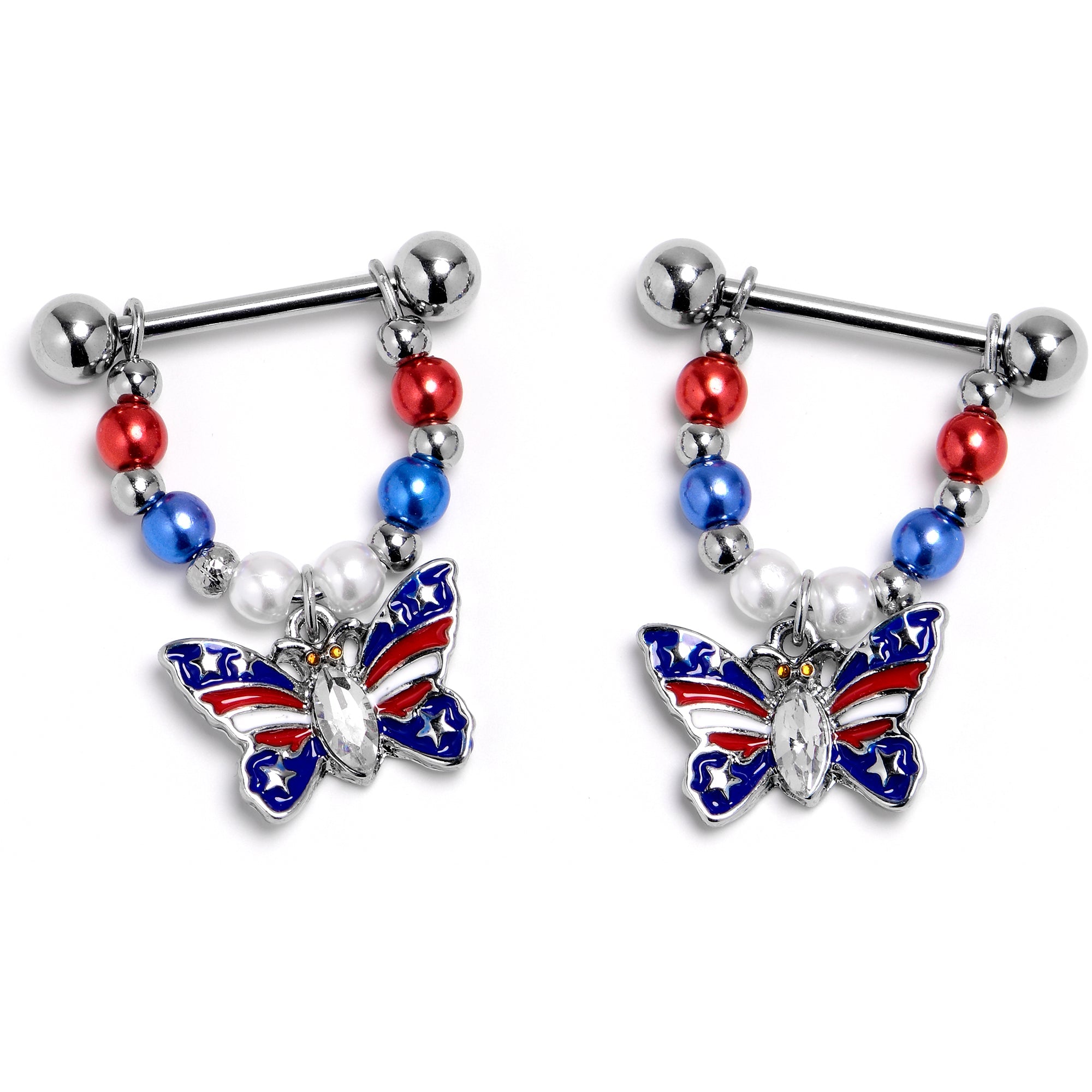 14G 9/16 Clear Gem Patriotic Butterfly Dangle Nipple Ring Set