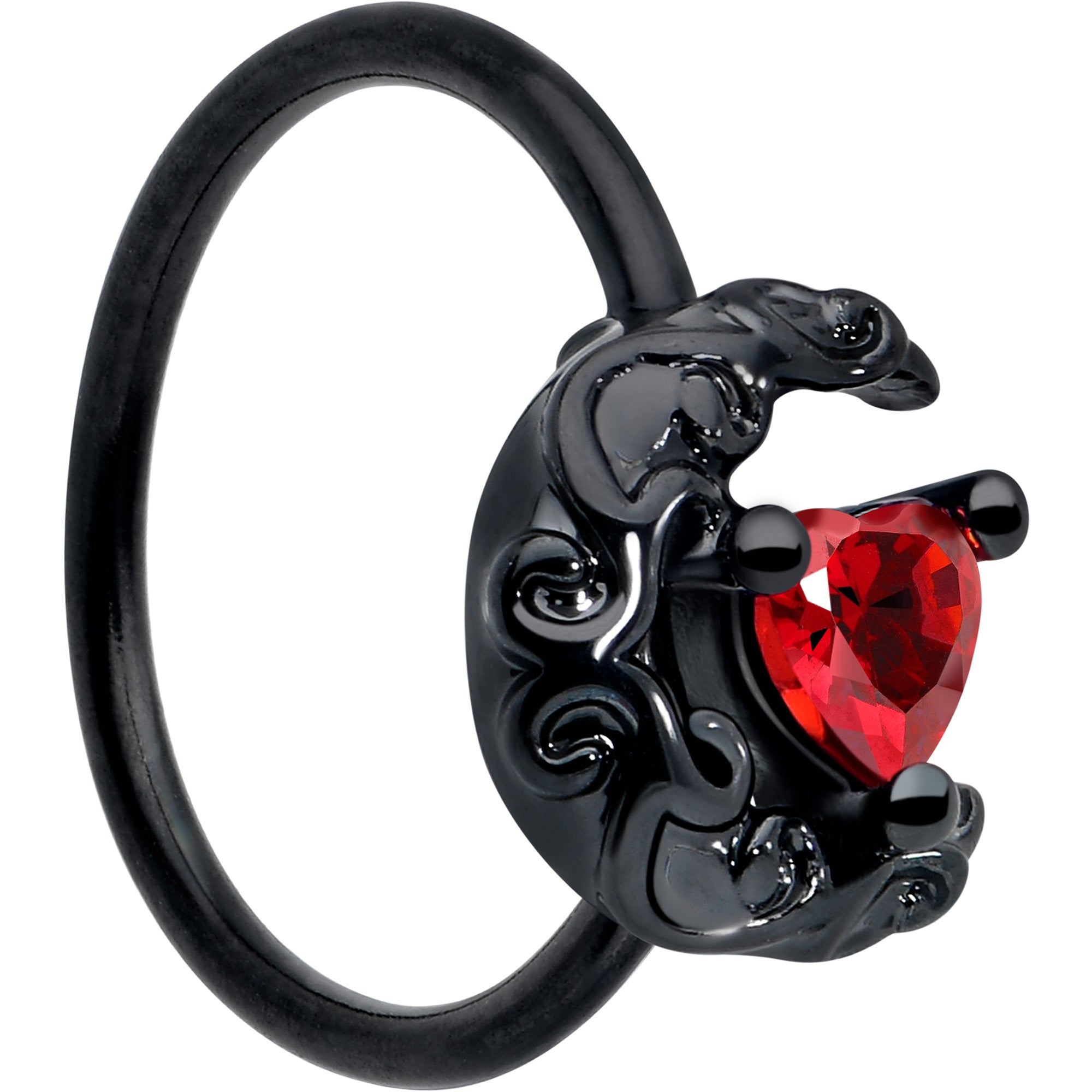 20G 5/16 Red Gem Black Scroll Moon Heart Nose Hoop