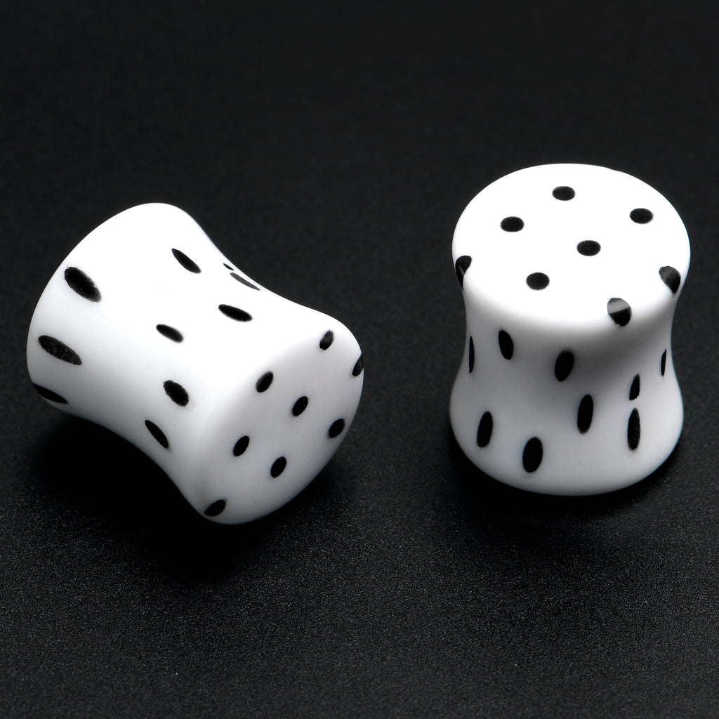 White Acrylic Retro Dots Black Double Flare Plug Set  6mm to 20mm Sizes