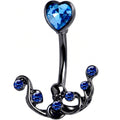 Blue Gem Black Heart Scrolling Elegance Double Mount Belly Ring