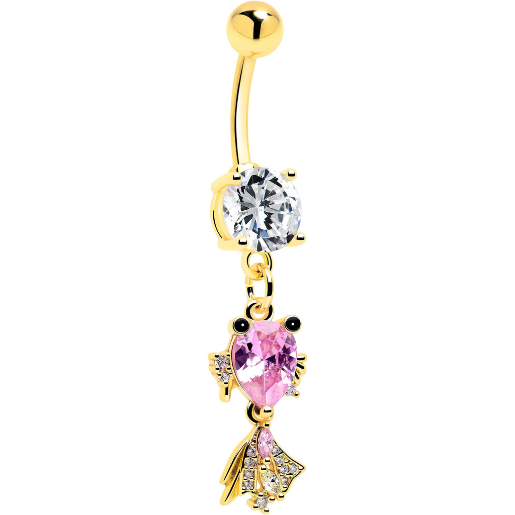 Clear Pink CZ Gem Gold Tone Fanciful Fish Dangle Belly  Ring