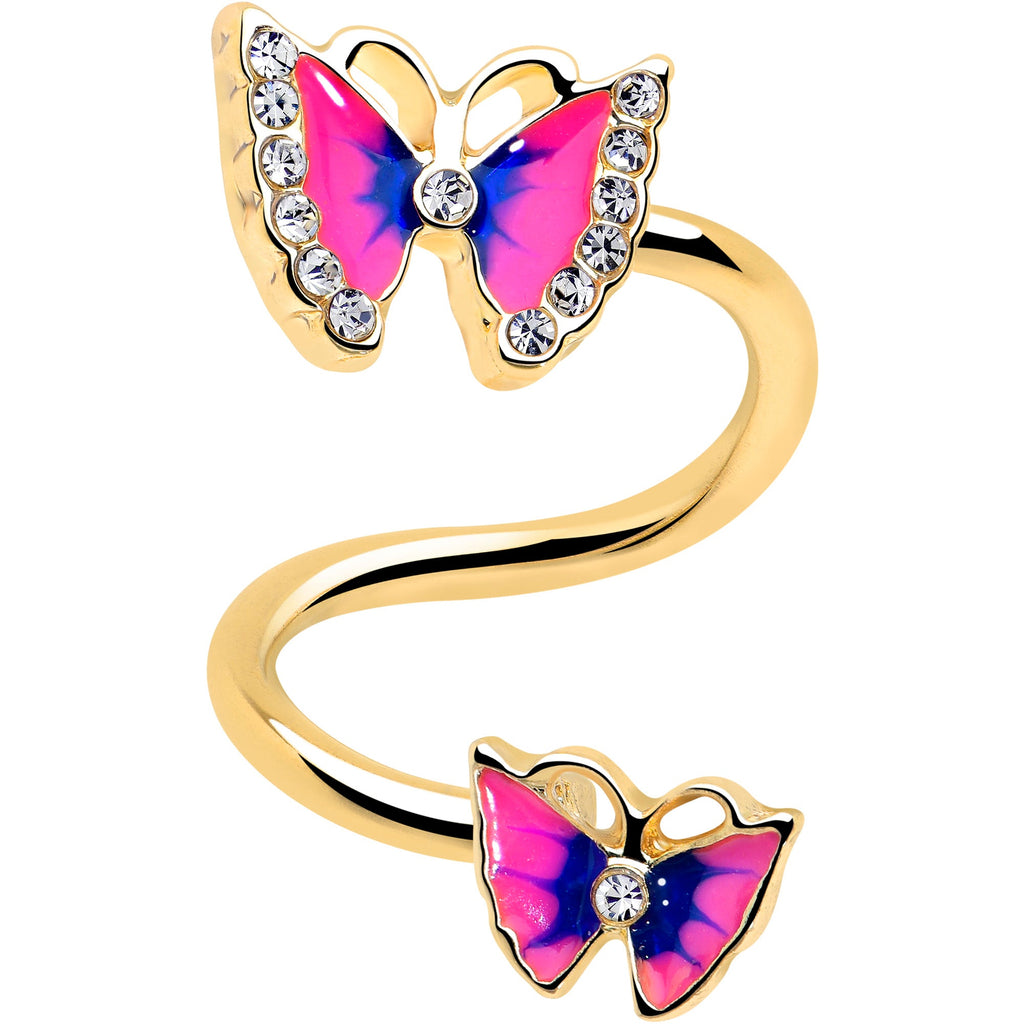 Clear Gem Gold Tone Butterfly Pink Blue Spiral Twister Belly Ring