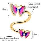 Clear Gem Gold Tone Butterfly Pink Blue Spiral Twister Belly Ring