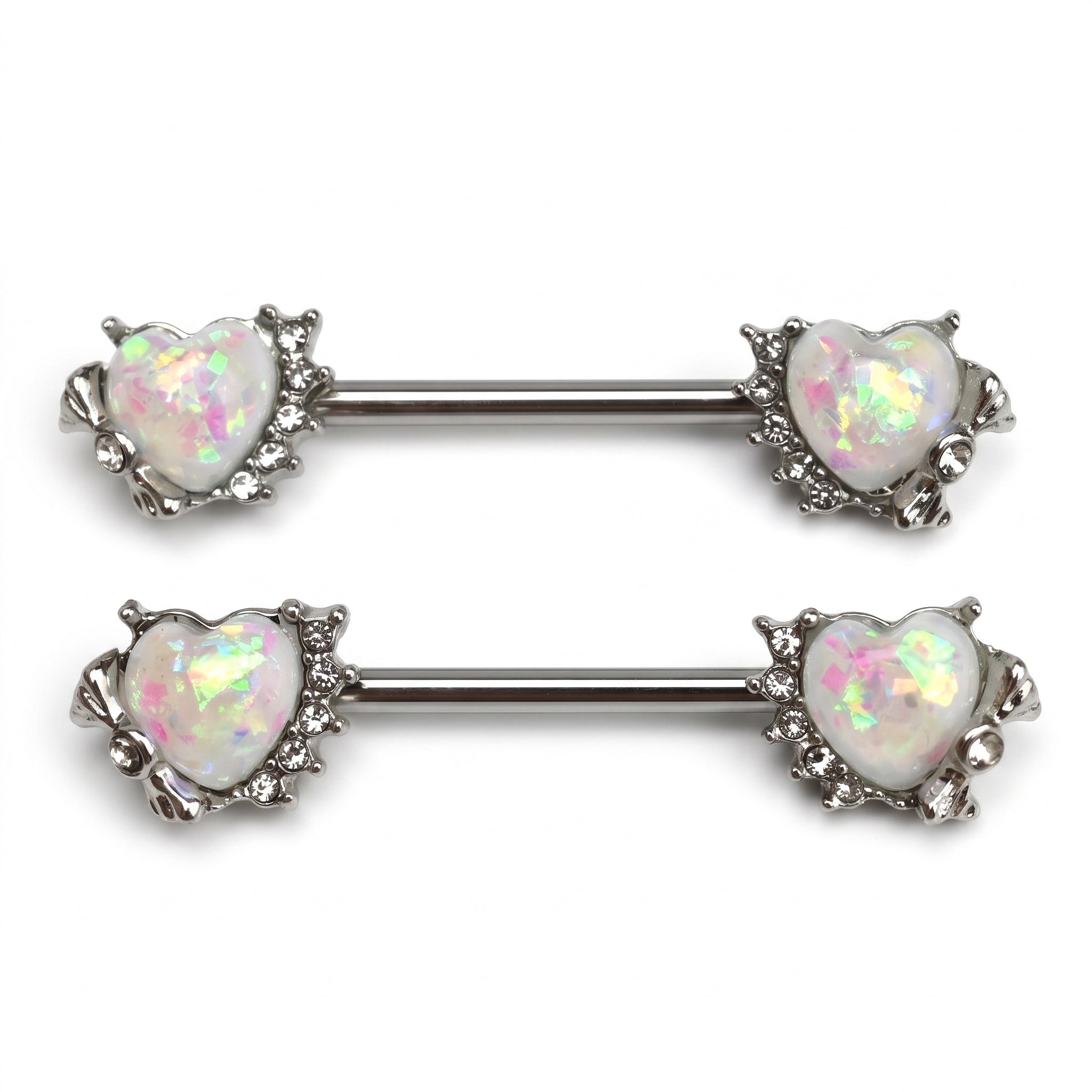 14G 9/16 White Faux Opal Sun Heart Barbell Nipple Ring Set