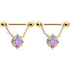 14G 9/16 Pink Tourmaline Gold Tone Wondrous Dangle Nipple Ring Set