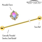 14G Pink Tourmaline Gold Tone Wondrous Industrial Barbell 38mm