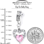Clear Pink CZ Gem Double Heart Fake Clip On Belly Ring