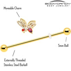 14G Red CZ Gem Gold Tone Drama Butterfly Industrial Barbell 38mm