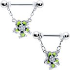 14G 9/16 Clear CZ Gem Go Green Flower Chain Dangle Nipple Ring Set