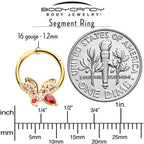 16G 3/8 Red CZ Gem Gold Tone Drama Butterfly Hinged Segment Ring