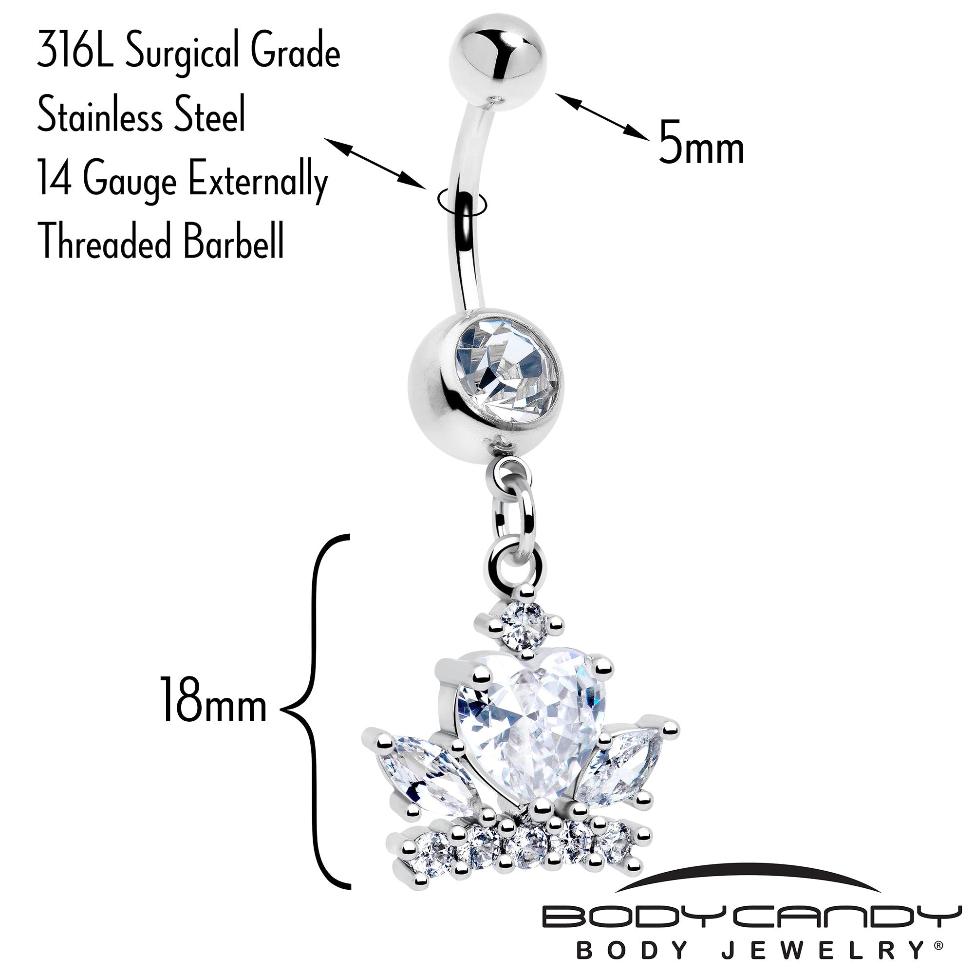 Clear Gem Heart Crown Dangle Belly Ring