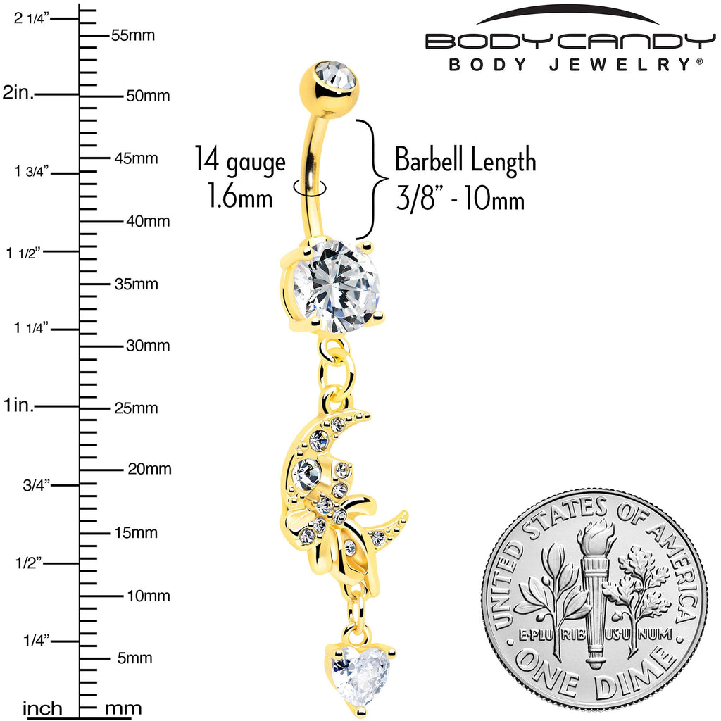 Clear CZ Gem Gold Tone Moon Bow Heart Dangle Belly Ring