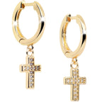 Gold Tone Stainless Steel Hinged Huggie Hoop Cross Dangle Earrings