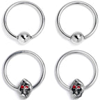 16G 3/8 Skull Red Eyes BCR Captive Bead Ring Set of 4