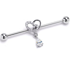 14G Clear CZ Gem Asymmetrical Heart Dangle Industrial Barbell 38mm