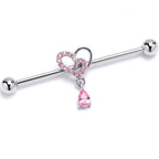 14G Pink CZ Gem Asymmetrical Heart Dangle Industrial Barbell 38mm