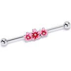 14G Clear Gem Perfect Pink Flower Trio Industrial Barbell 38mm