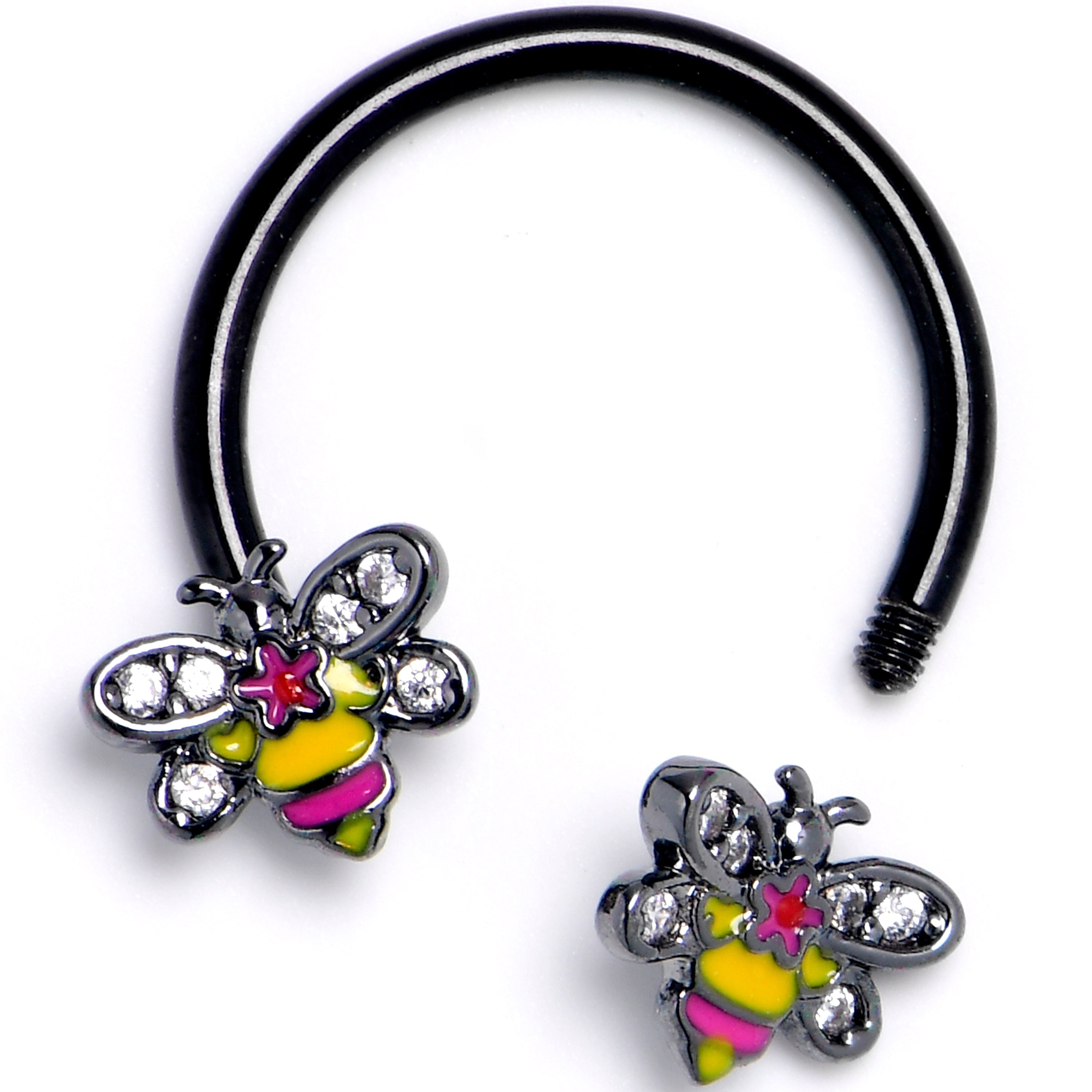 16G 3/8 Clear CZ Gem Black Bright Bee Beauty Horseshoe