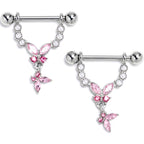 14G 9/16 Pink Gem Double Butterfly Glam Dangle Nipple Ring Set