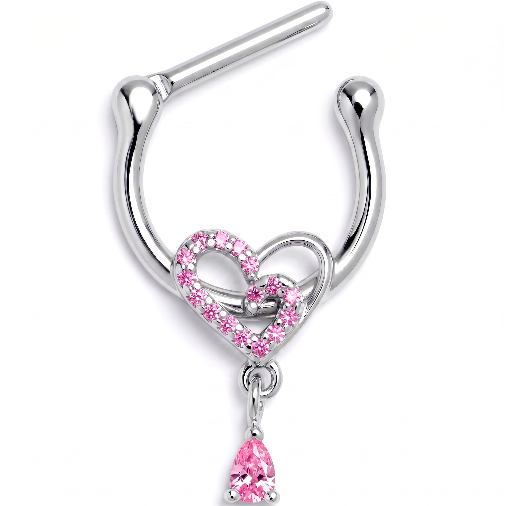 16G 5/16 Pink CZ Gem Asymmetrical Heart Dangle Cartilage Clicker