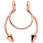 Rose Gold Tone Horseshoe Cone Barbell Fake Nose Ring Nipple and Clip on Earring