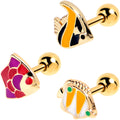 16G 1/4 Gold Tone Tropical Fish Cartilage Tragus Earring Set of 3