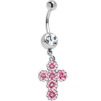 Clear Gem Perfectly Pink Flower Cross Dangle Belly Ring