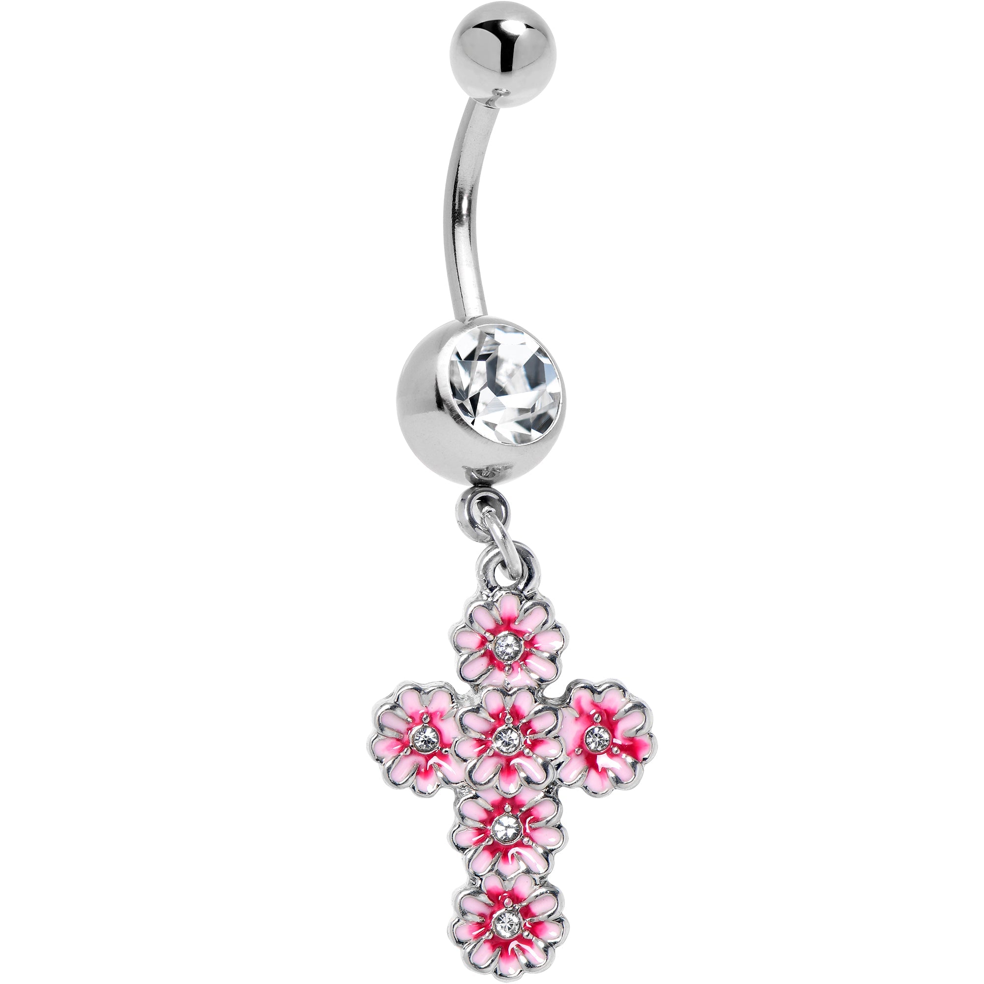 Clear Gem Perfectly Pink Flower Cross Dangle Belly Ring
