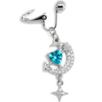 Clear Blue Gem Moon Lover Dangle Clip On Fake Belly Ring
