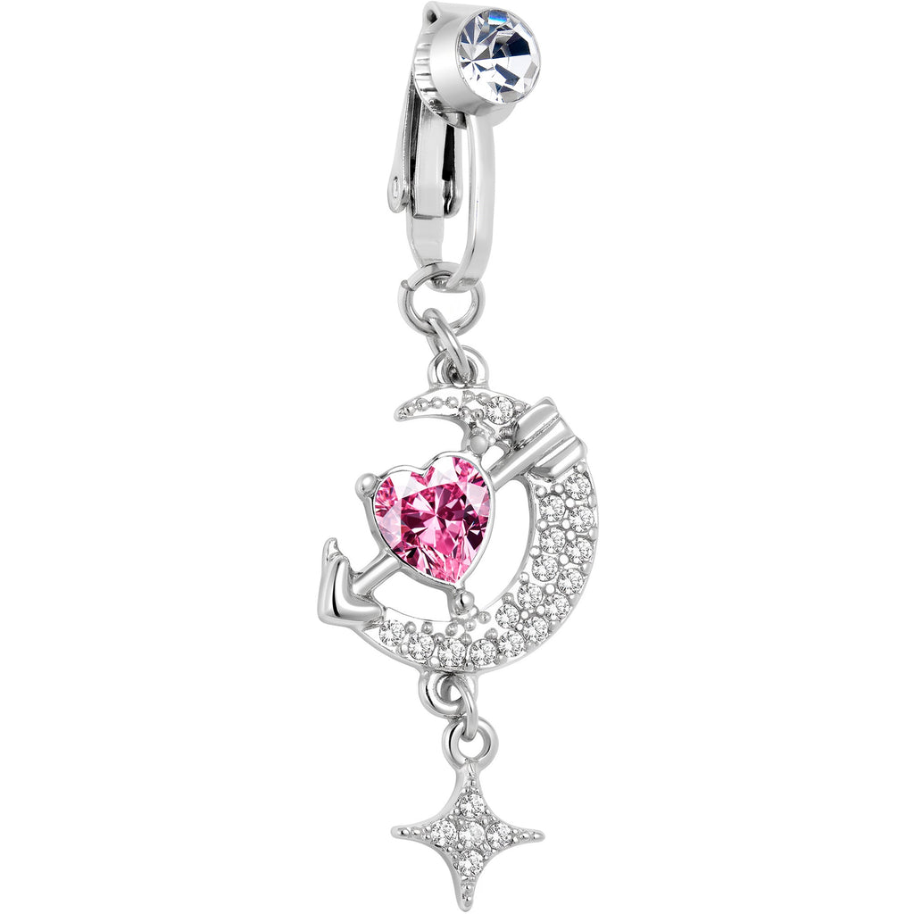 Clear Pink Gem Moon Lover Dangle Clip On Fake Belly Ring