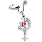 Clear Pink Gem Moon Lover Dangle Clip On Fake Belly Ring