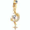 Clear Gem Gold Tone Moon Lover Dangle Clip On Fake Belly Ring