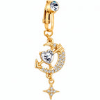 Clear Gem Gold Tone Moon Lover Dangle Clip On Fake Belly Ring