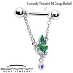 14G 9/16 Aurora CZ Gem Morning Leaves Chain Dangle Nipple Ring Set