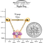 14G 9/16 Clear Gem Gold Tone Pastel Flower Dangle Nipple Ring Set