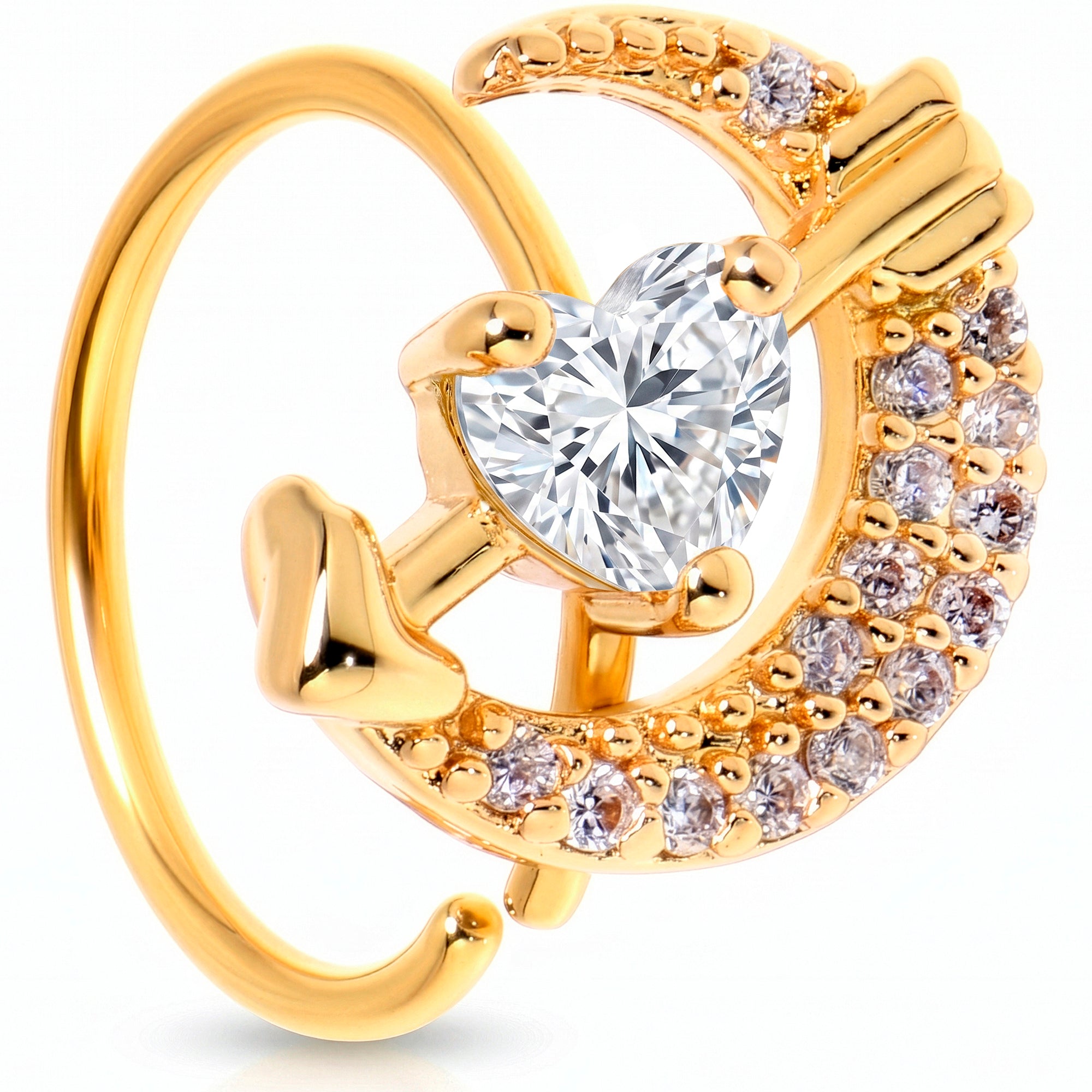 20G 5/16 Clear CZ Gem Gold Tone Moon Lover Nose Hoop