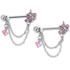 14G 9/16 Pink CZ Gem Spiderweb Chain Dangle Nipple Ring Set