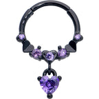 16G 3/8 Purple CZ Gem Black Love Heart Dangle Hinged Segment Ring