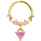 16G 3/8 Pink CZ Gem Gold Tone Love Heart Dangle Hinged Segment Ring