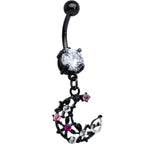 Clear Pink CZ Gem Black Flower Moon Dangle Belly Ring