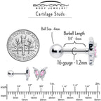 16G 1/4 Pink Gem Fancy Fab Butterfly Cartilage Tragus Earring