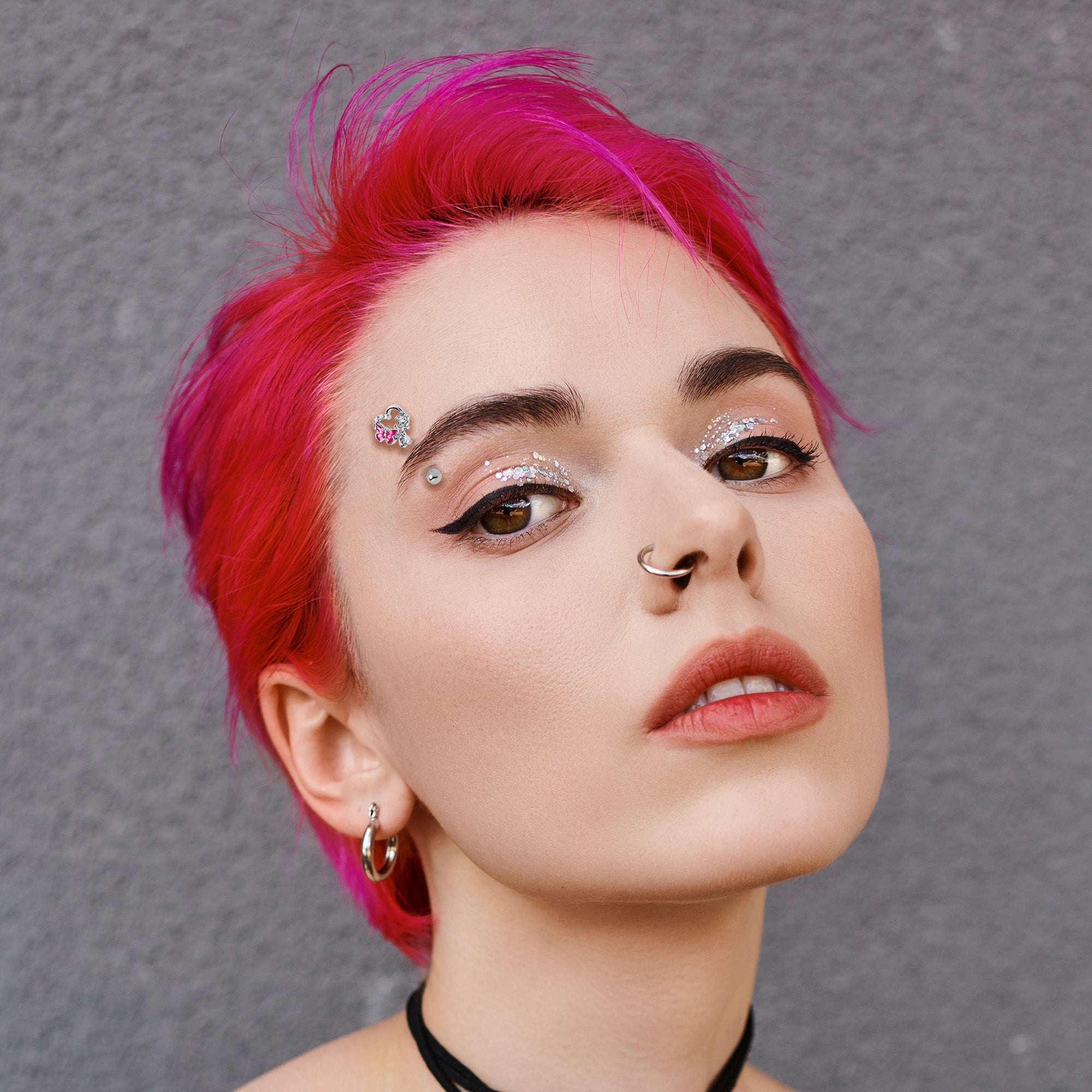 16G 5/16 Clear Gem Butterfly Rose Flower Pink Curved Eyebrow Ring