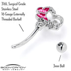 16G 5/16 Clear Gem Butterfly Rose Flower Pink Curved Eyebrow Ring