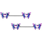 14G 9/16 Pink Gem Heart Butterfly Purple Barbell Nipple Ring Set