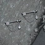 14G 9/16 Clear CZ Gem Snowflake Flower Chain Dangle Nipple Ring Set