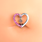 Pink CZ Gem Asymmetrical Heart Flower Dangle Top Mount Belly Ring