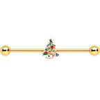 14G Gold Tone Snowy Christmas Tree Holiday Industrial Barbell 38mm